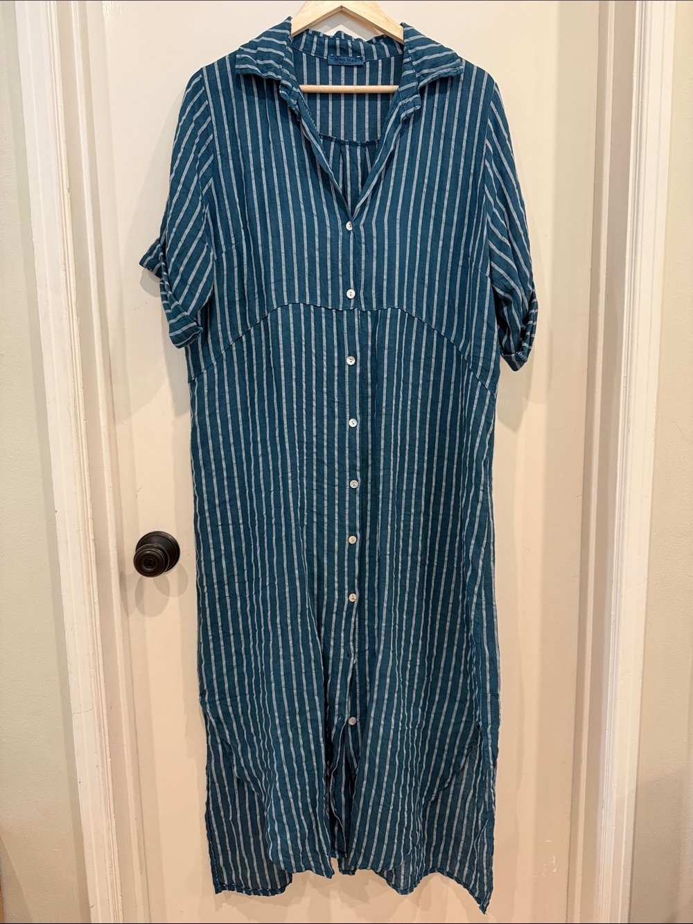 MEO MELI Italian Linen Shirtdress in Teal & White Stripes O/S EUC